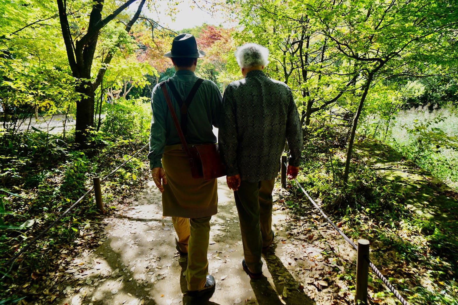 Man walking in park with senior man